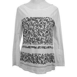 Old Navy Womens Top Small Long Sleeve Floral White Black Pullover